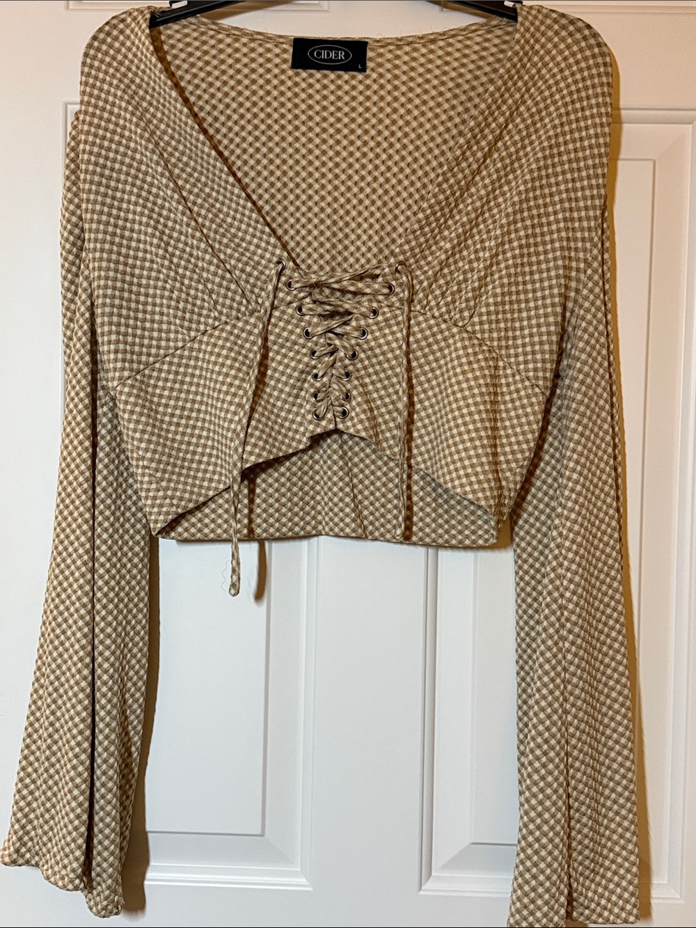 Cider Beige Houndstooth Lace-Up Crop Top